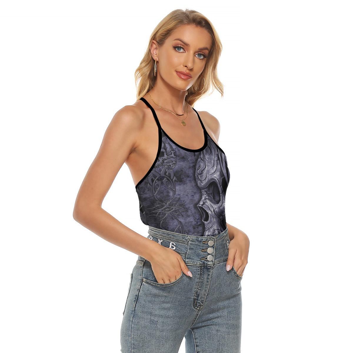 Dark Ancient Gothic Skull Criss-Cross Open Back Tank Top, Coolest T-Shirt For Women - Wonder Skull