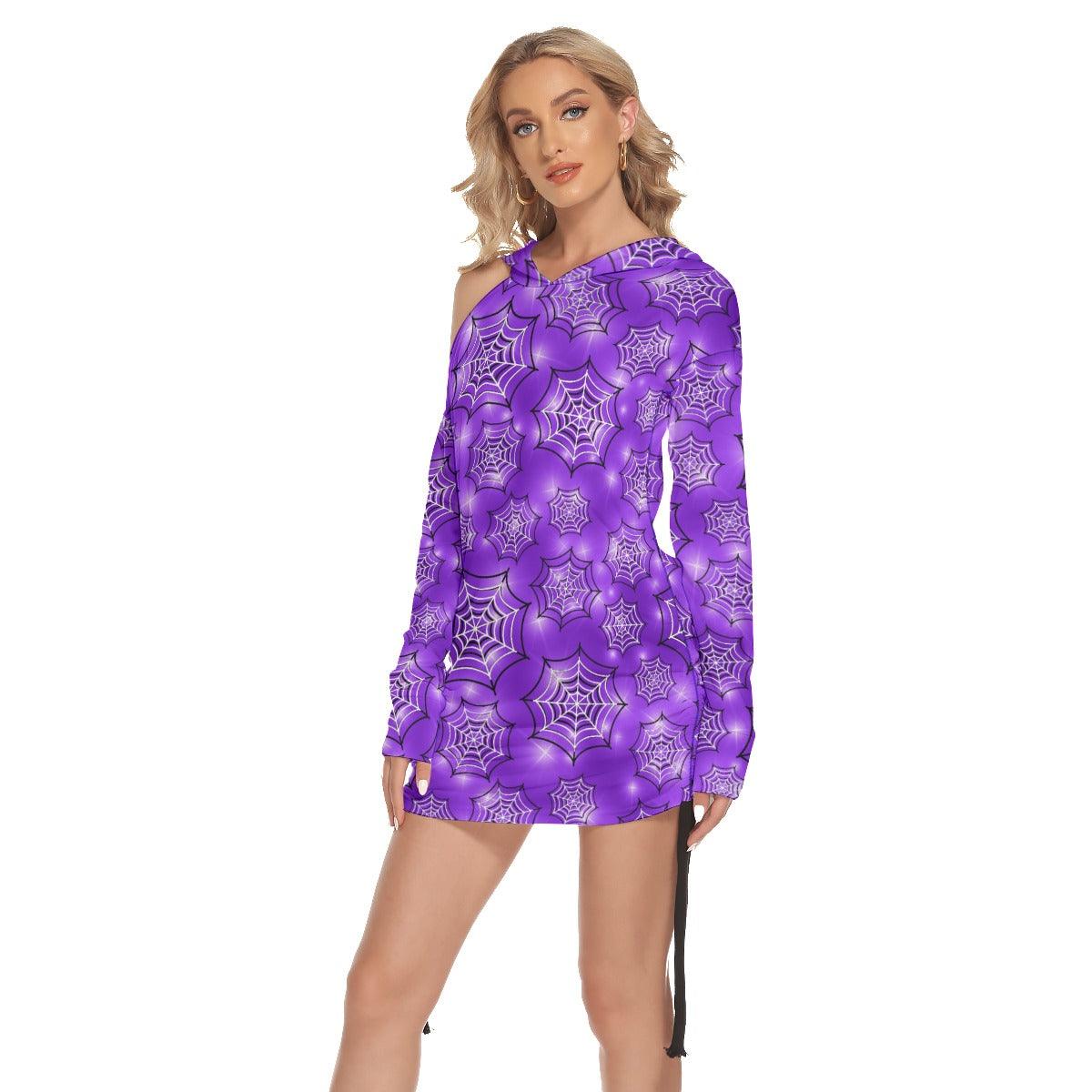Purple Spider Net All Over Print Women One Shoulder Dress With Waist Shirring, Hot Long Hoodie For Women - Wonder Skull