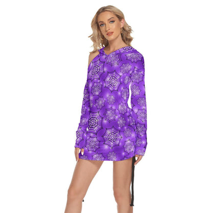 Purple Spider Net All Over Print Women One Shoulder Dress With Waist Shirring, Hot Long Hoodie For Women - Wonder Skull