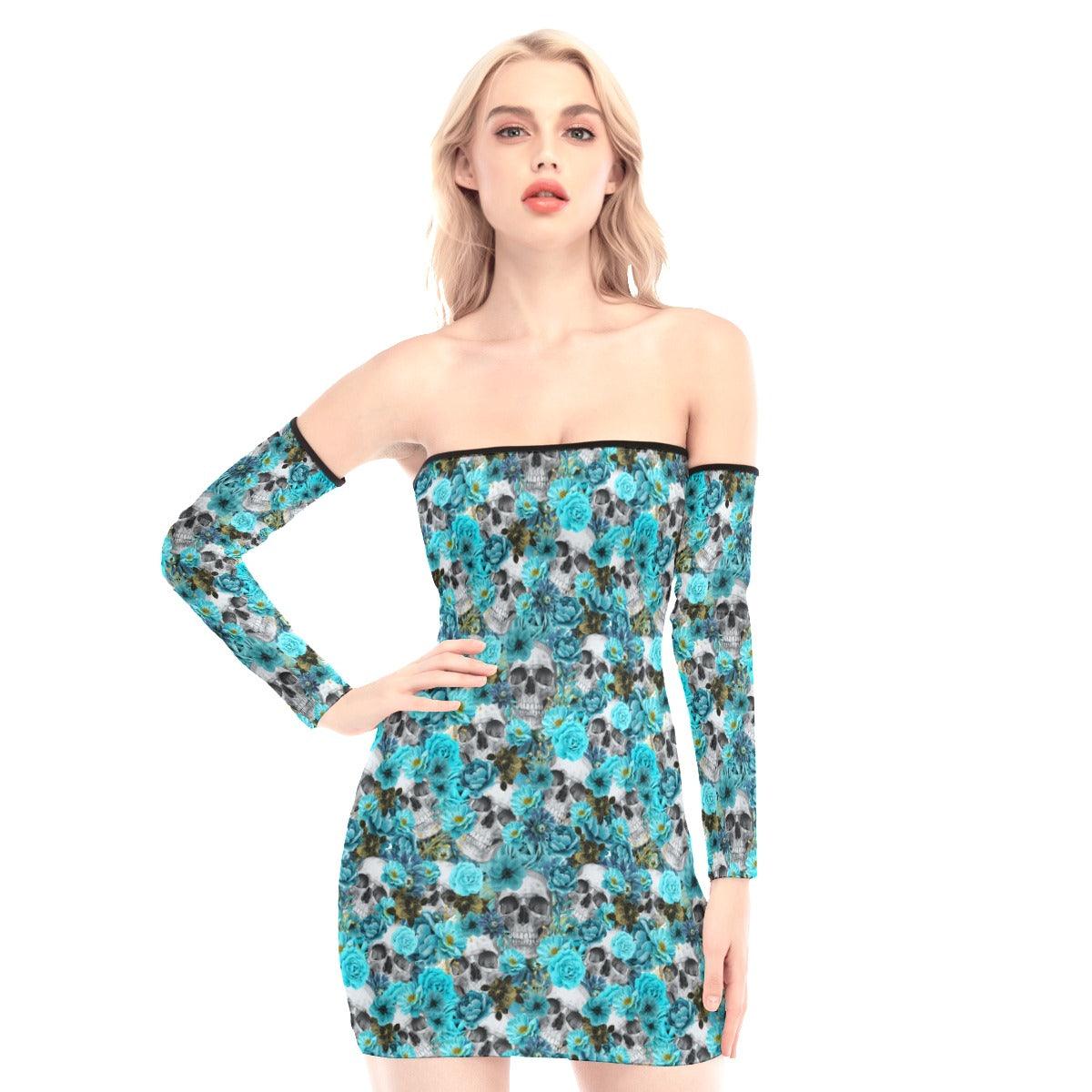 Chaotic Cyan Rose Skull Off-shoulder Back Lace-up Dress - Wonder Skull
