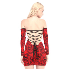 Red Mandala Skull Off-shoulder Back Lace-up Dress - Wonder Skull