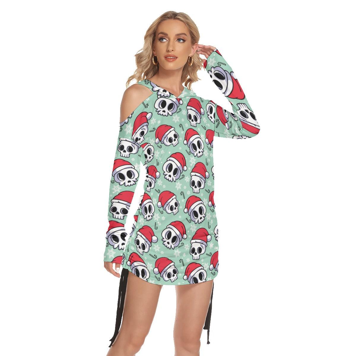 Funny Feliz Navidad Skull Print Open Shoulder Dress - Wonder Skull