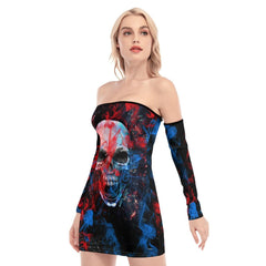 Skull Sugar Red Blue Smoke Off-shoulder Back Lace-up Dress - Wonder Skull