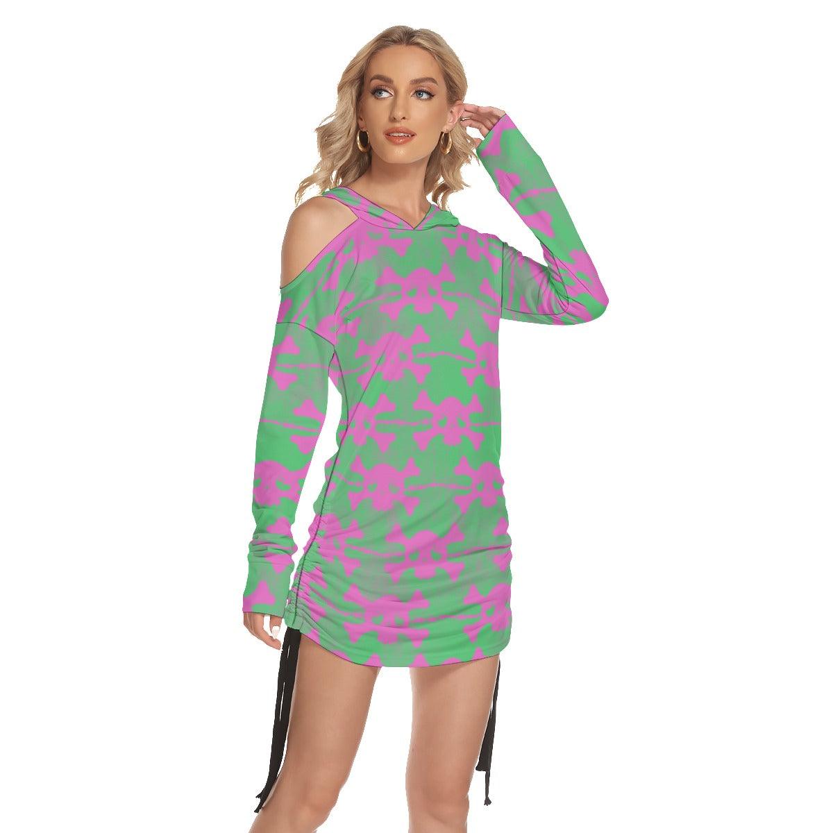 Christmas Green Red Skull Buffalo Flaid Print Open Shoulder Dress-Wonder Skull