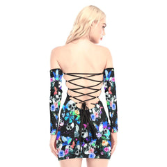 Butterfly Skull Pattern Off-shoulder Back Lace-up Dress - Wonder Skull