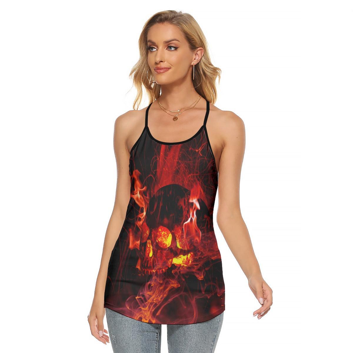 Fire Flow Gothic Skull Criss-Cross Open Back Tank Top, Coolest T-Shirt For Women - Wonder Skull