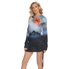 Hunting Mode Wolves All Over Print Women One Shoulder Dress With Waist Shirring, Long Hoodie For Women - Wonder Skull