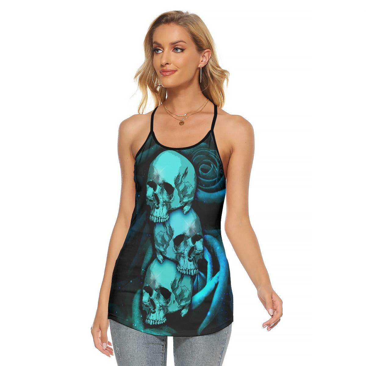 Triple Blue Skull Roses Criss-Cross Open Back Tank Top, Trending T-Shirt For Women - Wonder Skull