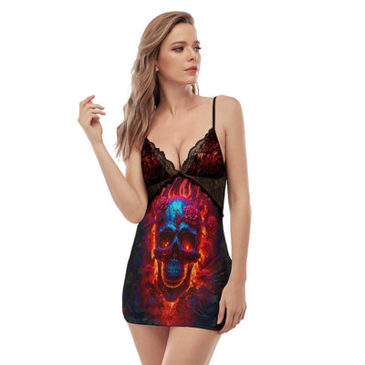 Flaming Skull Back Straps Cami Dress With Lace For Women - Wonder Skull