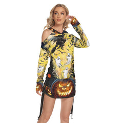 Halloween Witchy Boo All Over Print Women One Shoulder Dress With Waist Shirring, Long Hoodie For Women - Wonder Skull