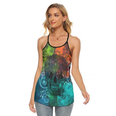 TieDye Mandala Skull Criss-Cross Open Back Tank Top, Coolest T-Shirt For Women - Wonder Skull