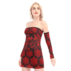 Red Mandala Skull Rose Off-shoulder Back Lace-up Dress - Wonder Skull