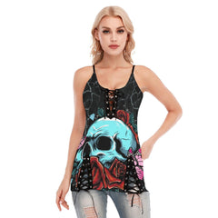 Skull Blue Rose Gothic Eyelet Lace-up Letter Dress - Wonder Skull