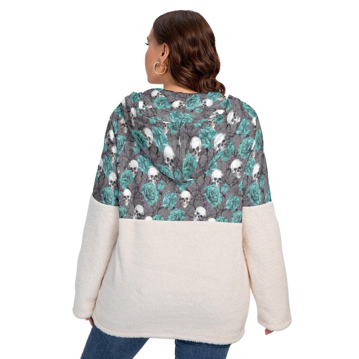 Green Skull With Rose Borg Fleece Hoodie With Half Zip - Wonder Skull