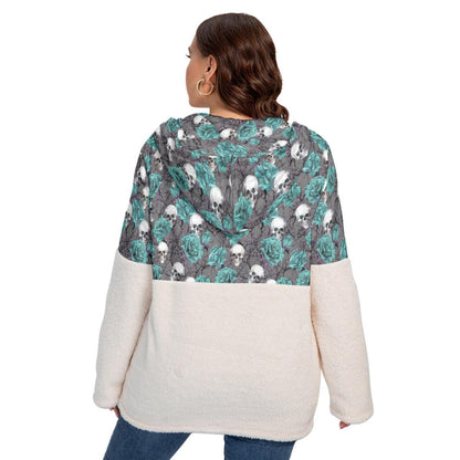 Green Skull With Rose Borg Fleece Hoodie With Half Zip - Wonder Skull