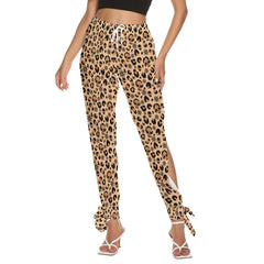 Skull Leopard Seamless All-Over Print Women's Side Cutout Pants, Trouser With Bottom Strap - Wonder Skull