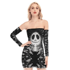 Nightmare Tiedye Gray Off-shoulder Back Lace-up Dress - Wonder Skull