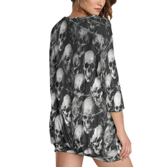 Gray Skull Sweatshirt With Irregular Pleated Hem - Wonder Skull