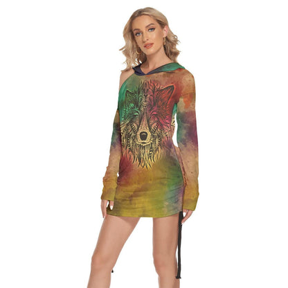 Vintage Wolf All Over Print Women One Shoulder Dress With Waist Shirring, Long Hoodie For Women - Wonder Skull