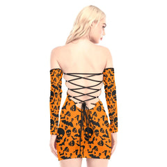 Orange Bat Off-shoulder Back Lace-up Dress - Wonder Skull