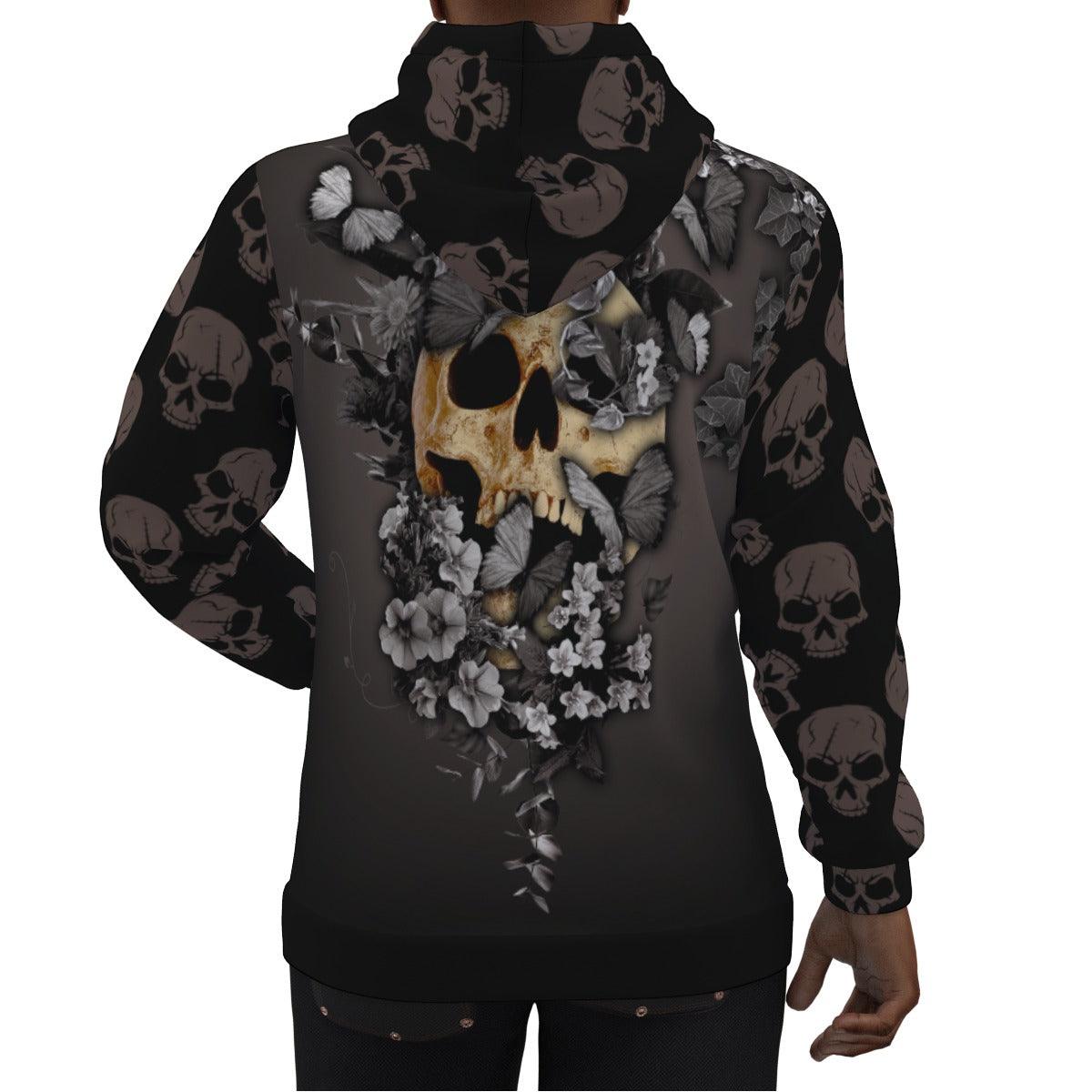 Black Butterfly Skull Print Unisex Pullover Hoodie-Wonder Skull