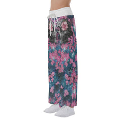 Pink Flower Skull Abstract Women's High-waisted Wide Leg Pants | Wonder Skull