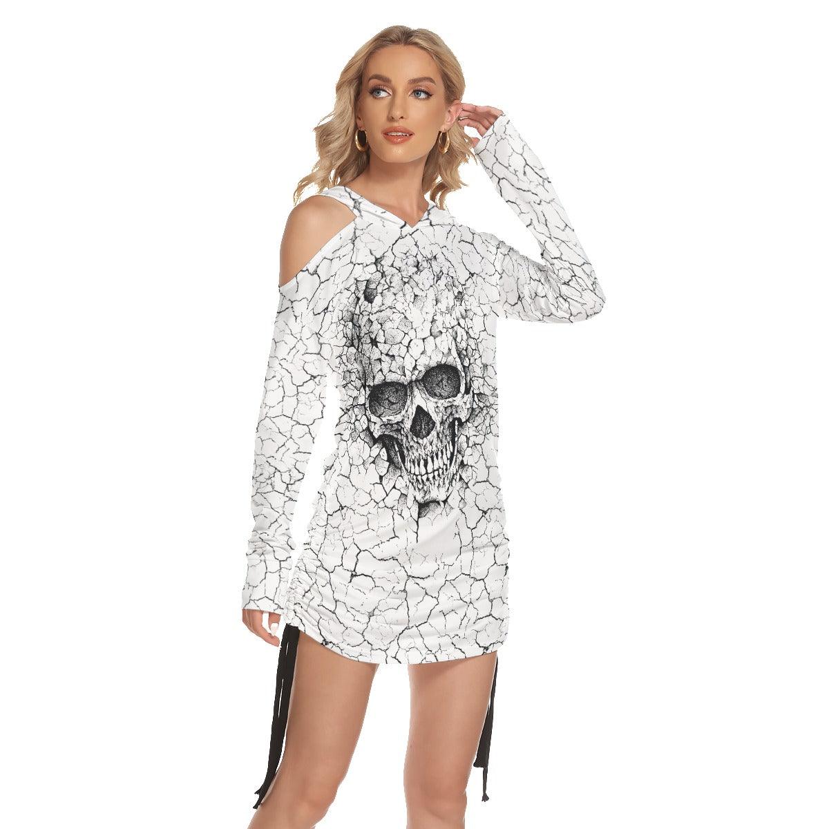 Black Skull Cracked Drawing Skull Print Open Shoulder Dress - Wonder Skull