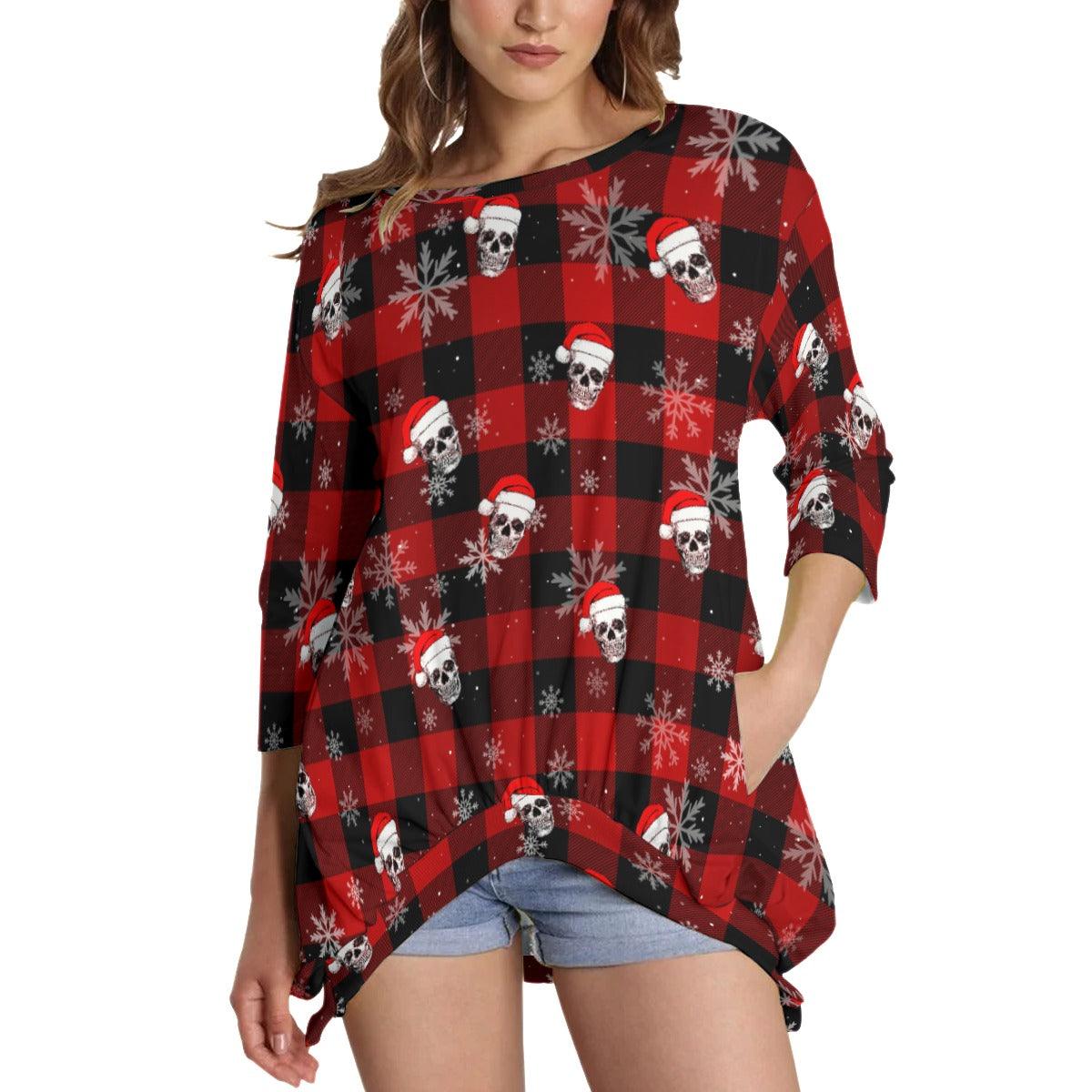 Skull Buffalo Plaid Sweatshirt With Irregular Pleated Hem - Wonder Skull