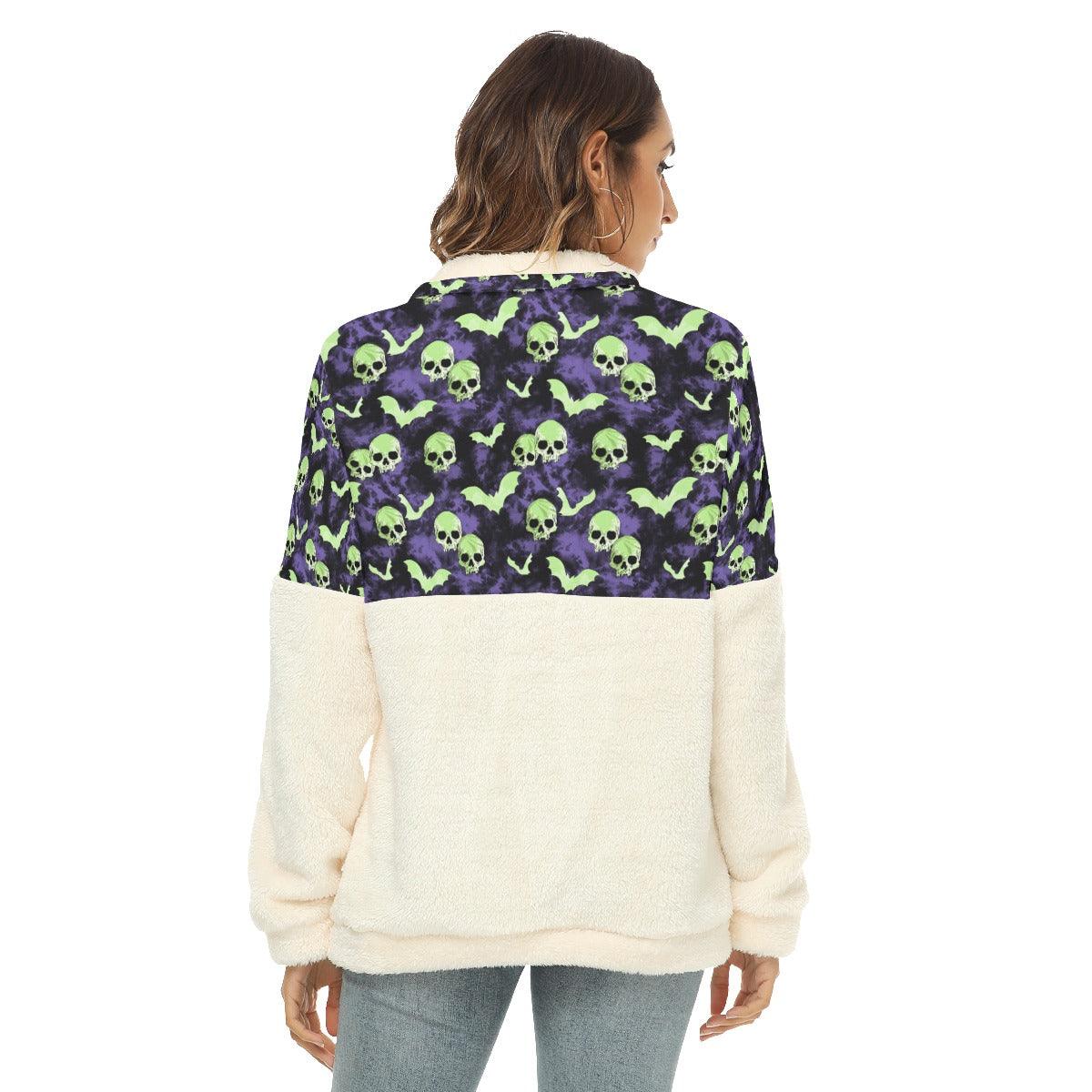 Green Skull Bat Borg Fleece Sweatshirt With Half Zip - Wonder Skull