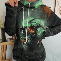 Halloween Pumpkin Chasing All-Over Print Women's Hoodie With Double Hood, Scary Nightmare Outwear - Wonder Skull