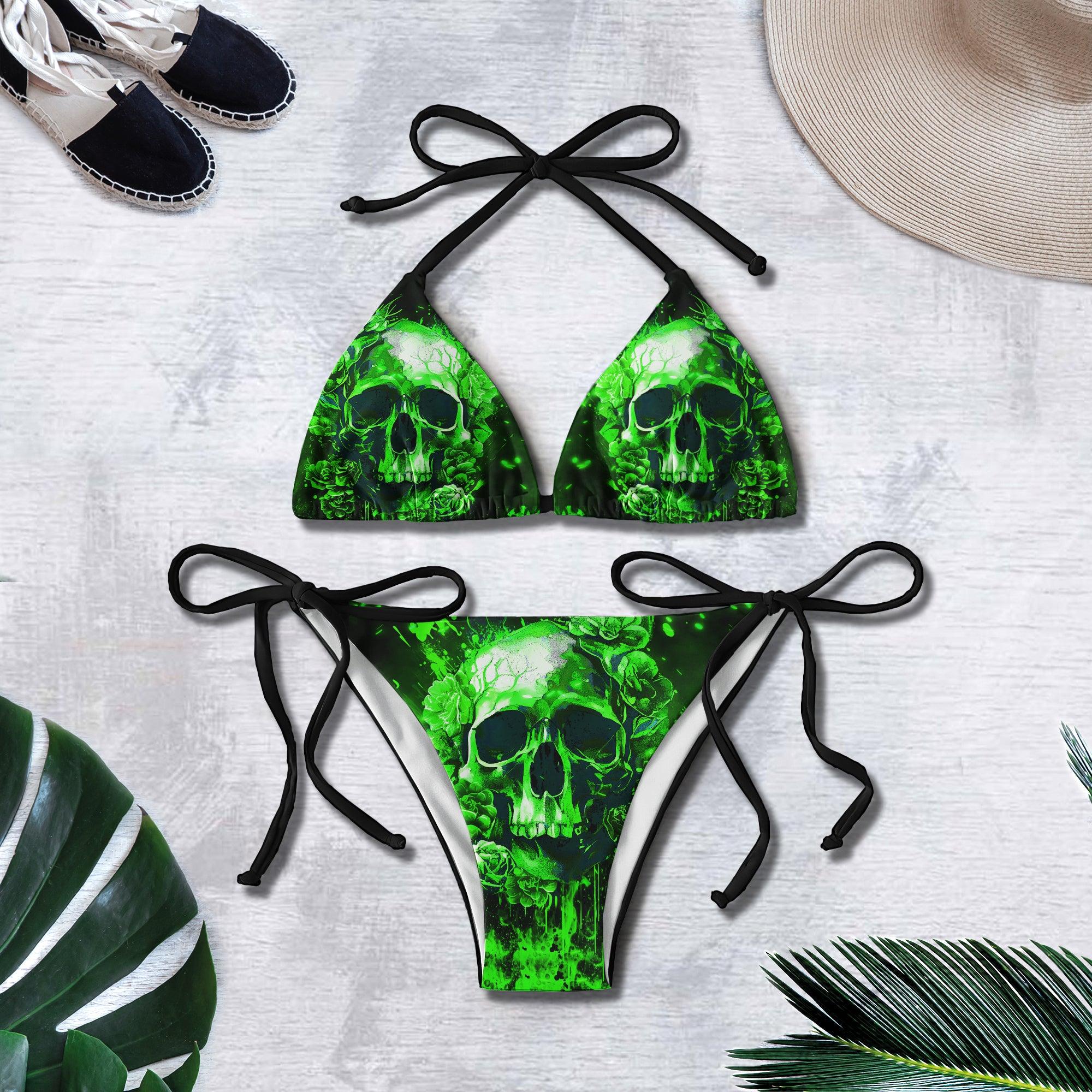 Green Shadow Skull Gothic Micro Triangle Bikini Swimsuit - Wonder Skull