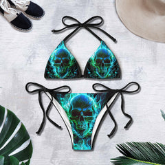 Green Gothic Skull Flame Micro Triangle Bikini Swimsuit - Wonder Skull