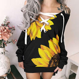 Sunflower Deep V-Neck Long Sleeve Dress, Sexy Off Shoulder Hoodie For Women - Wonder Skull