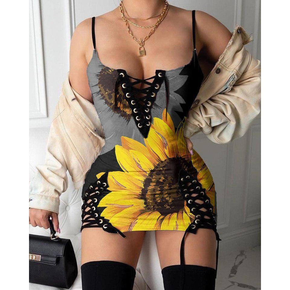 Contrast Color Sunflower Print Dress, Sexy Tight Clubwear For Women - Wonder Skull