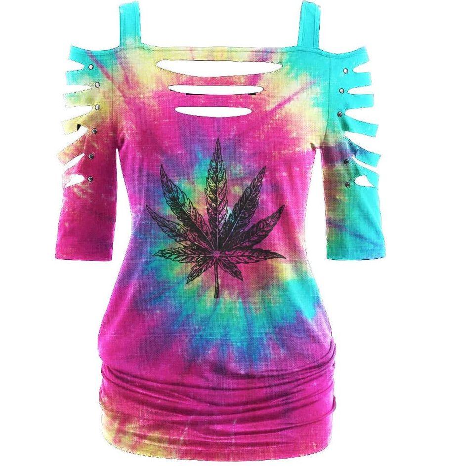 Canabis TieDye Hollow Cut Out T-shirt for Women - Wonder Skull