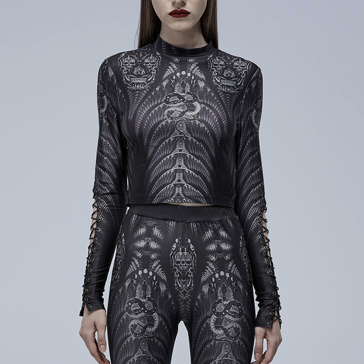 Gothic Skeleton Print Mesh Slim T-shirt, Sexy Long Sleeve Costume For Women - Wonder Skull