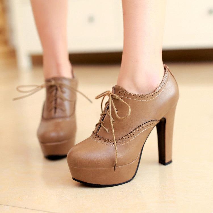 Front Tie High Heels Shoes, Elegant Leather Cover Toes Pairs For Women - Wonder Skull