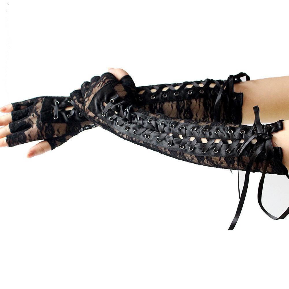 Long Lace Tie Ribbon Rivet Gloves, Sexy Accessories For Women - Wonder Skull