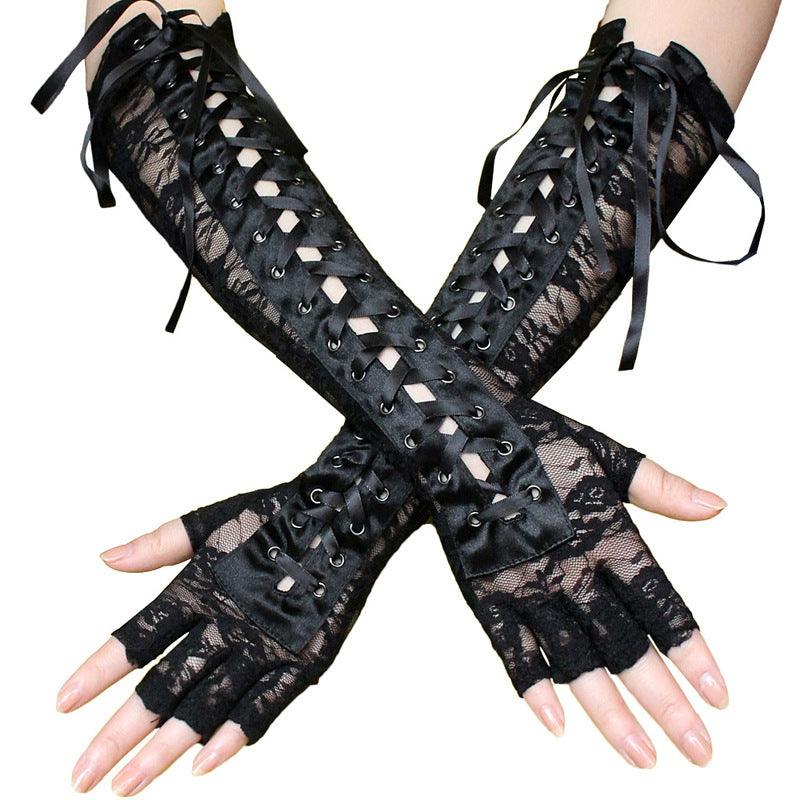Long Lace Tie Ribbon Rivet Gloves, Sexy Accessories For Women - Wonder Skull