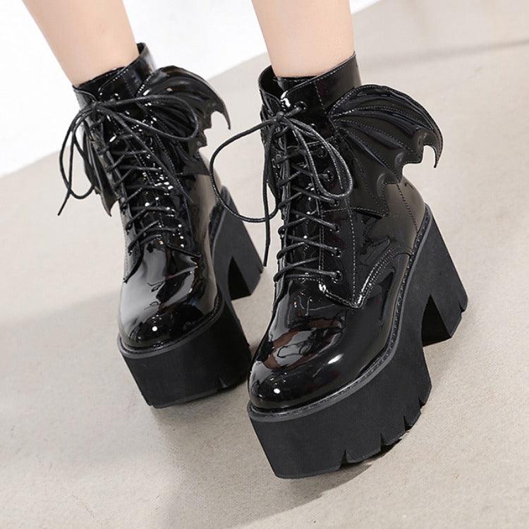 Goth Ankle Boots, Patent Leather High Heels Shoes For Women - Wonder Skull