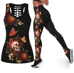 Skull Flower Butterfly Leggings And Hollow Tank Top Set - Wonder Skull