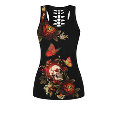 Skull Flower Butterfly Leggings And Hollow Tank Top Set - Wonder Skull