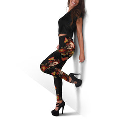 Skull Flower Butterfly Leggings And Hollow Tank Top Set - Wonder Skull