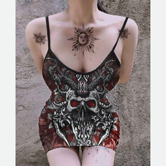 666 Skull Artwork Printed Body Dress, Naughty Sleeveless Minidress For Women-Wonder Skull