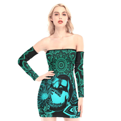 Cyan Mandala Skull Off-shoulder Back Lace-up Dress - Wonder Skull