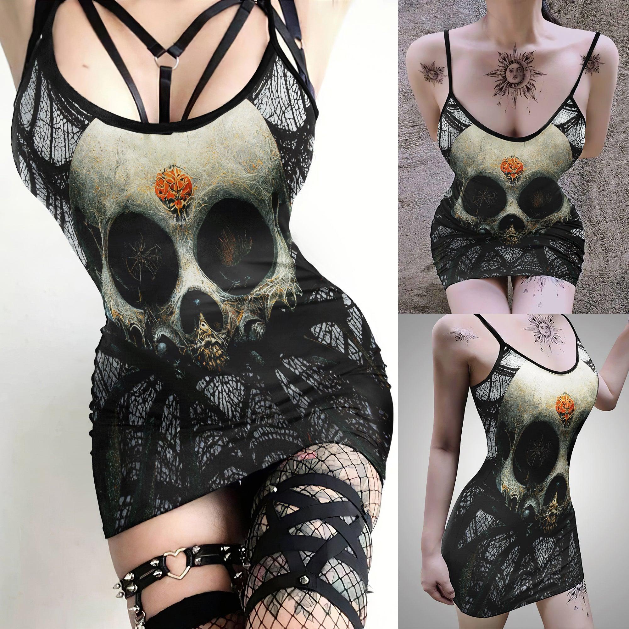 Gothic Skull Spider Web Printed Body Dress, Elegant Shape Out Sleeveless Minidress For Women - Wonder Skull