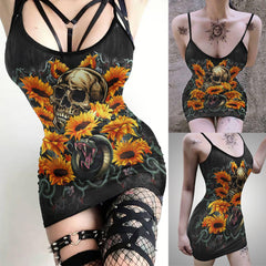 Sunflower Snake Skull Printed Body Dress, Hot Sleeveless Minidress For Women - Wonder Skull