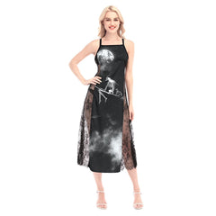 Halloween Witchy All-Over Print Women Lace Cami Cross Back Dress - Wonder Skull