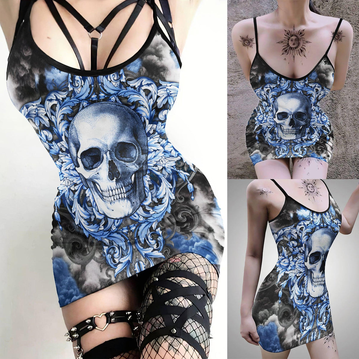 Blue Cloud Skull Printed Body Dress, Elegant Shape Out Sleeveless Minidress For Women - Wonder Skull