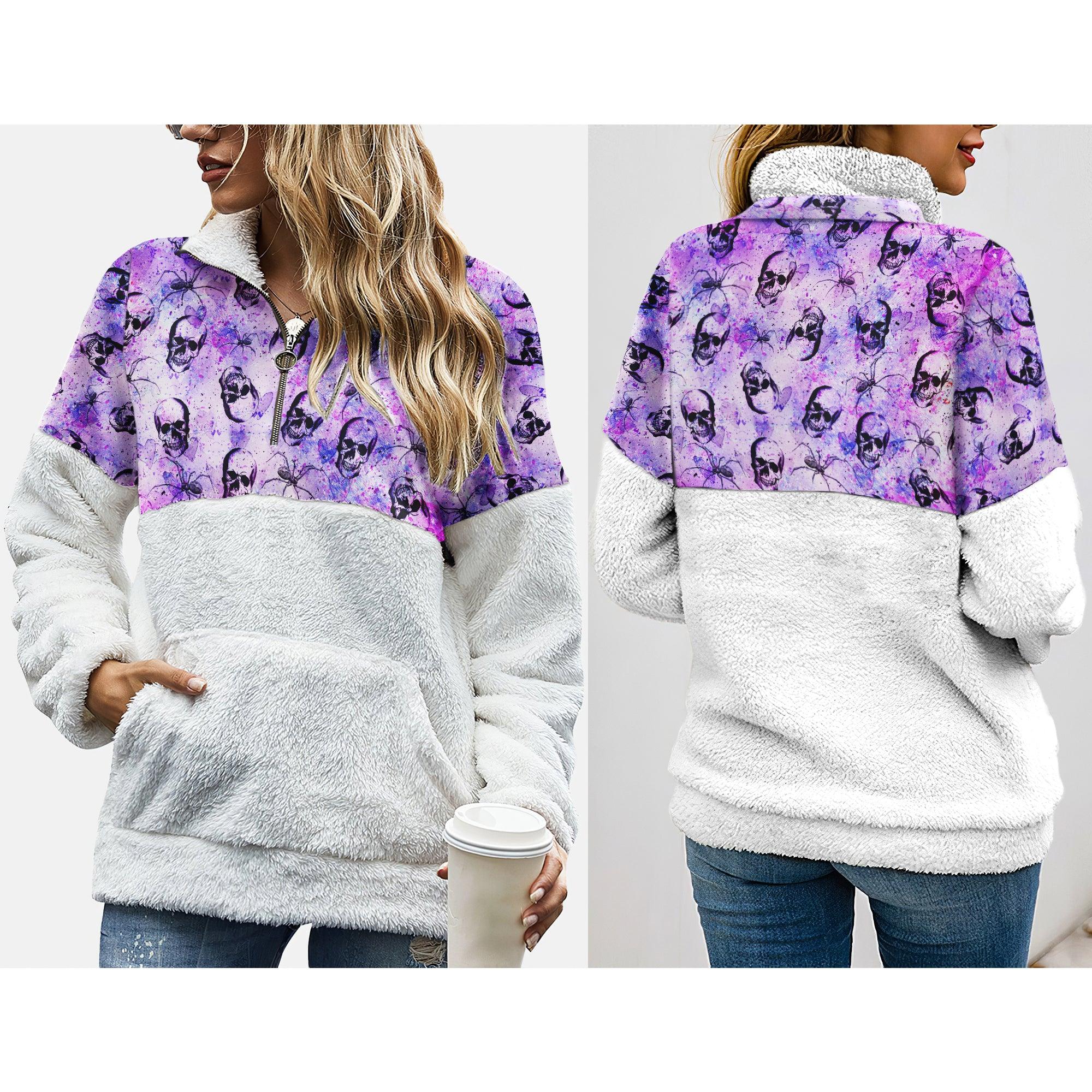 Purple Gothic Skull Spider Fleece Sweatshirt With Half Zip - Wonder Skull